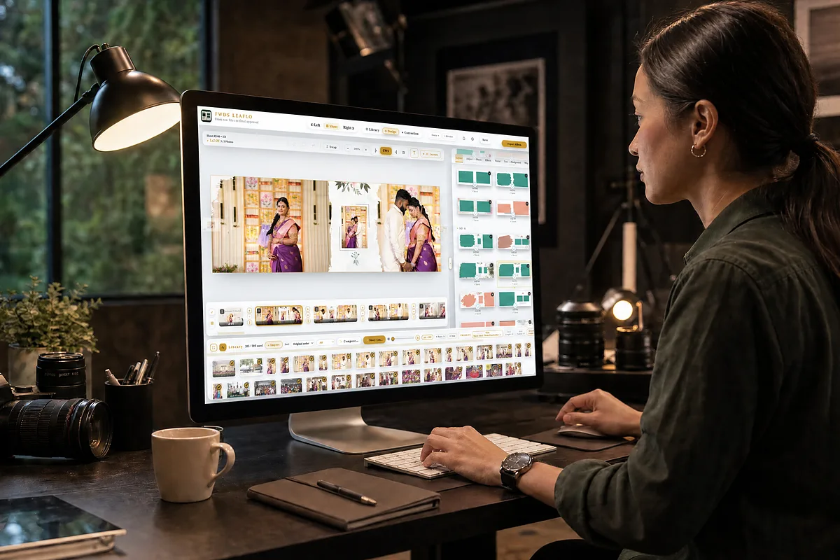 A photographer laying out a wedding album in FWDS Leaflo on a studio desktop.