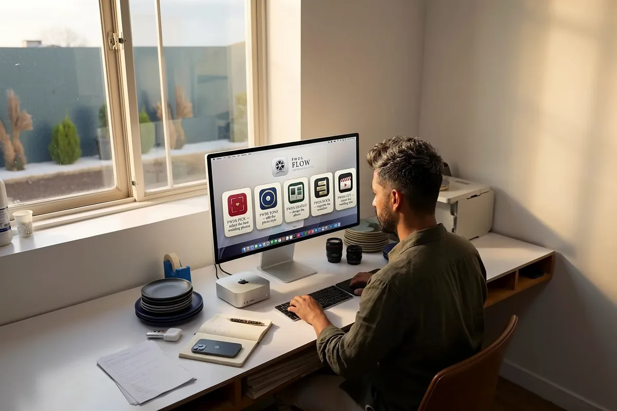 A photographer at a desk by a window with the five FWDS Flow apps on screen.